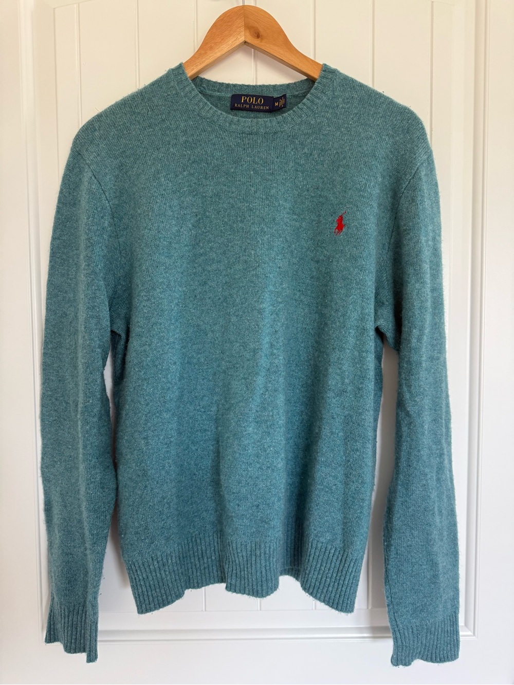 Polo Ralph Lauren Medium Cashmere Crewneck Sweater Mint Green Heather Red Pony